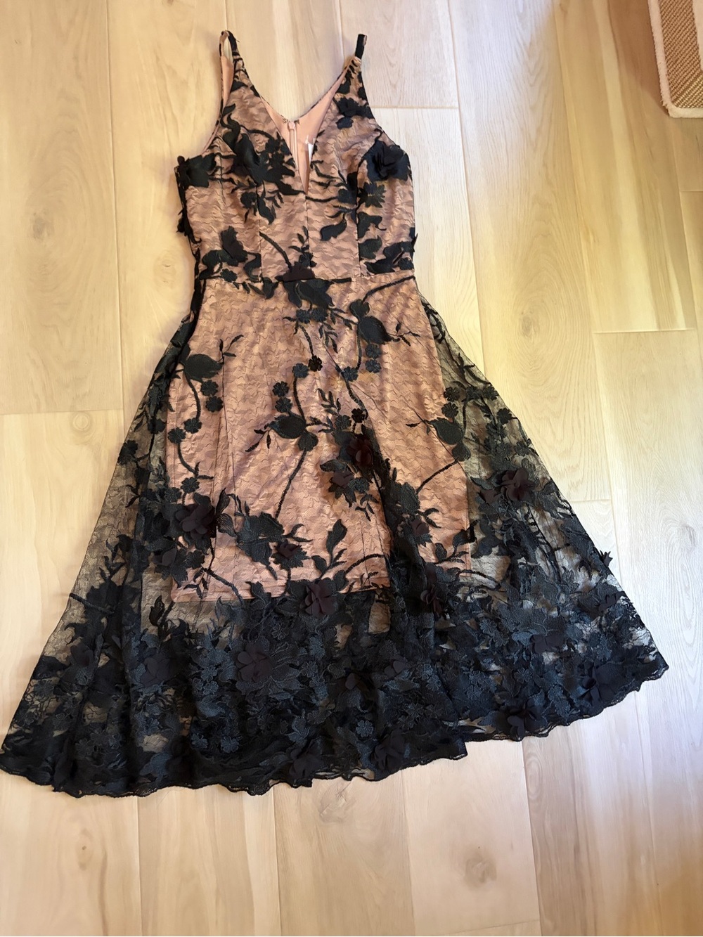 Dress the Population Black and Beige Midi Dress with Black Floral Lace